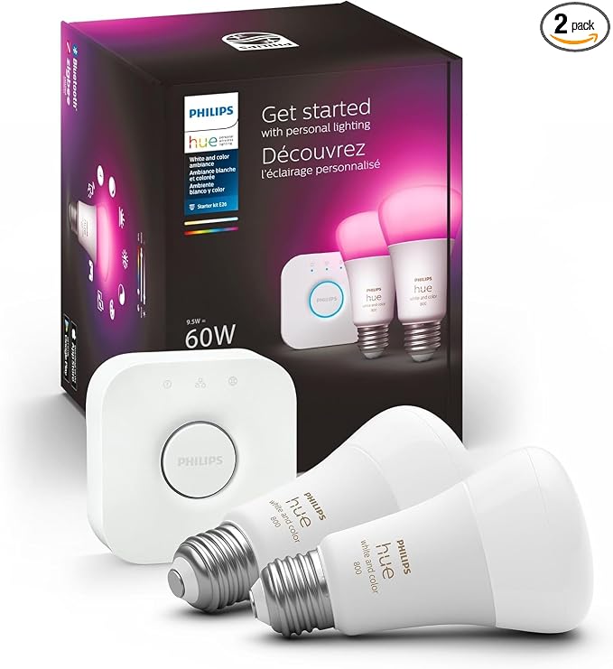 Philips Hue White and Color Ambiance A19 Smart Bulb Starter Kit (Bulbs + Bridge)